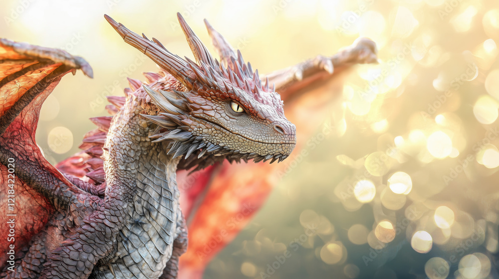 Naklejka premium A radiant red and silver dragon poised in golden sunlight with shimmering wings