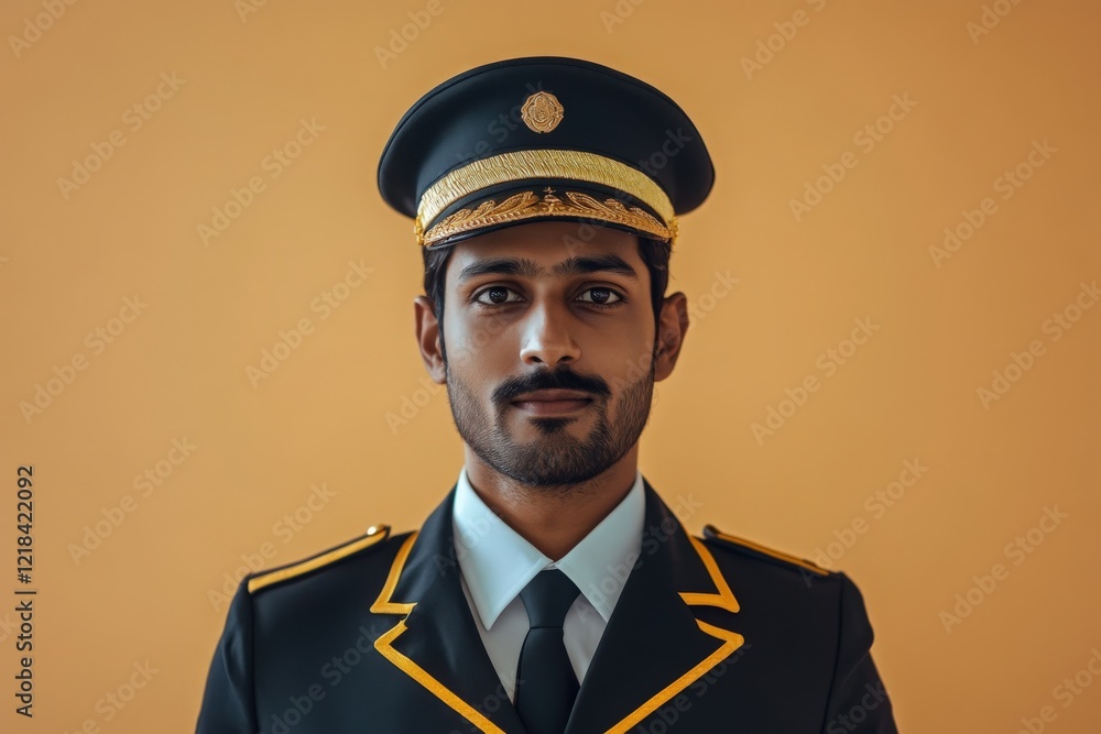 An Indian man, dressed in a crisp and professional cruise ship staff uniform, stands confidently against a soft pastel background, his vibrant presence radiating a sense of warmth and hospitality An Indian man, dressed in a crisp and professional cruise ship staff uniform, stands confidently against a soft pastel background, his vibrant presence radiating a sense of warmth and hospitality