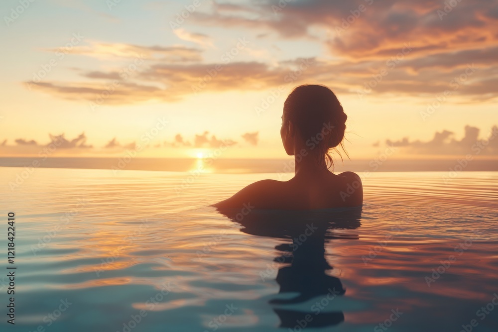Elegant Woman Relaxing in an Infinity Pool, Enjoying the Stunning Coastline View, with Sunset's Warm Hues Illuminating the Scene and Reflecting Over the Calm Waters, Eliciting a Sense of Peace and Lux Elegant Woman Relaxing in an Infinity Pool, Enjoying the Stunning Coastline View, with Sunset's Warm Hues Illuminating the Scene and Reflecting Over the Calm Waters, Eliciting a Sense of Peace and Lux