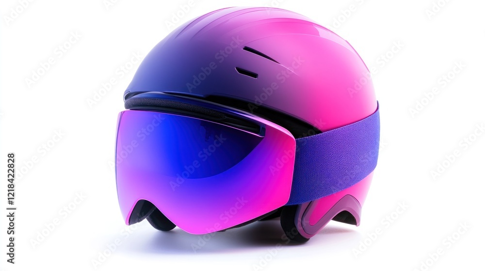 Fototapeta premium Pink ski helmet and goggles on white. Winter sports safety equipment