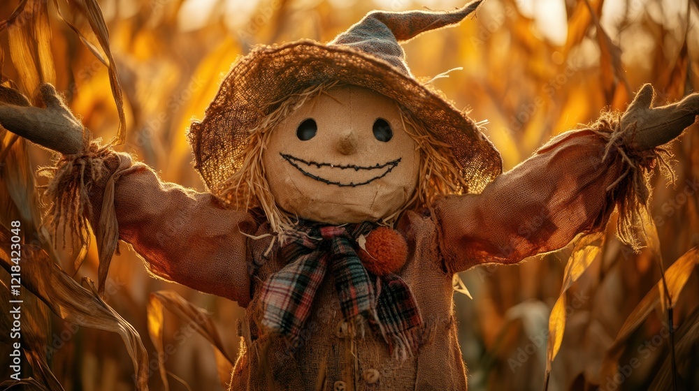 Friendly scarecrow in a golden cornfield at sunset. Friendly scarecrow in a golden cornfield at sunset.