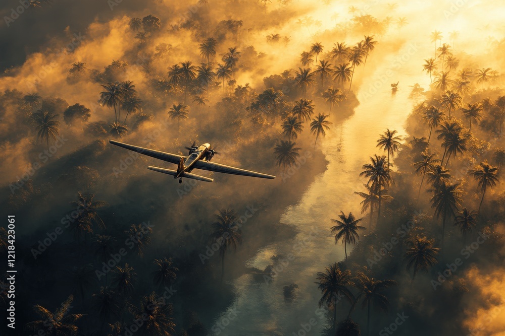 Panoramic View of an Airplane Flying Over Palm Trees, as the Golden Rays of Morning Sun Bathe the Vibrant Landscape, Stretching in All Directions, Capturing the Majesty of the Scene Panoramic View of an Airplane Flying Over Palm Trees, as the Golden Rays of Morning Sun Bathe the Vibrant Landscape, Stretching in All Directions, Capturing the Majesty of the Scene