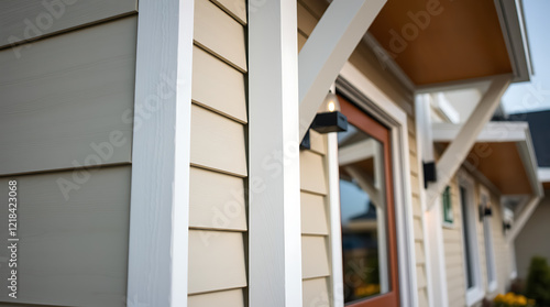 Modern House Exterior: Beige Siding, White Trim, and Contemporary Design