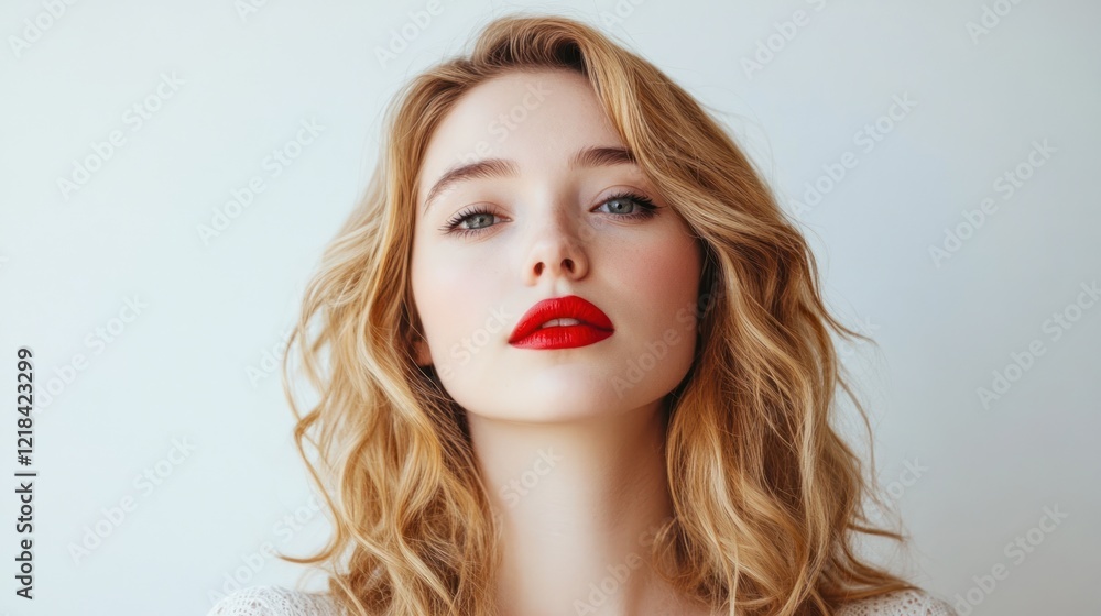 Fototapeta premium Beautiful blonde woman with red lips isolated on white background, AI generated image