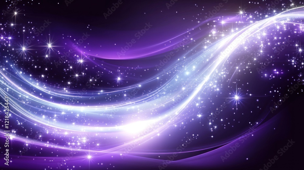 Fototapeta premium Abstract purple and white glowing wave with sparkling stars.