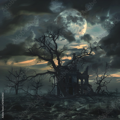 Dread Sobriety: Dusk of Nightmare - Gloomy Landscape with Haunted House under Full Moon photo