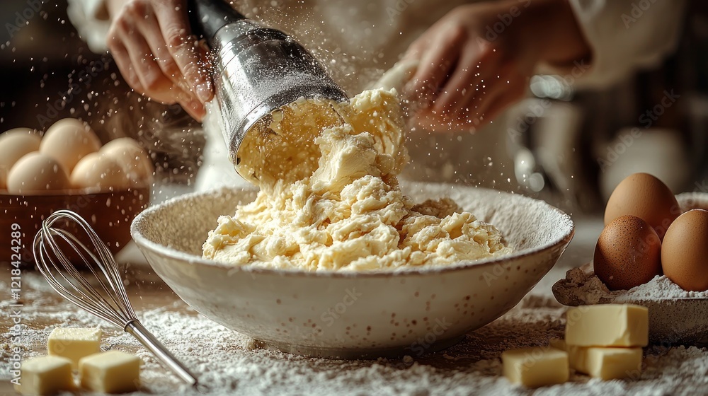 Fototapeta premium Person blends ingredients in bowl, eggs, flour, butter on wood table.