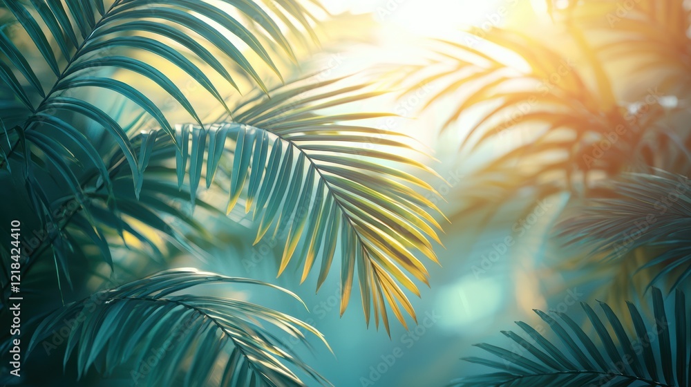 Intricate palm leaves backlit by warm sunlight on soft blue gradient Intricate palm leaves backlit by warm sunlight on soft blue gradient