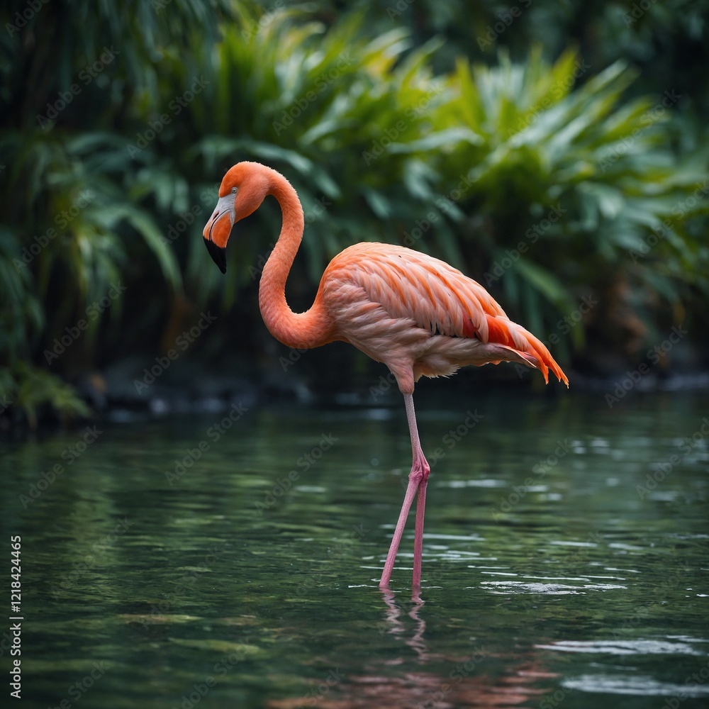 Fototapeta premium A flamingo standing in shallow tropical waters, side-view, with a lush green background softly blurred.
