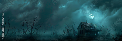 Dread Sobriety: Dusk of Nightmare - Gloomy Landscape with Haunted House under Full Moon photo