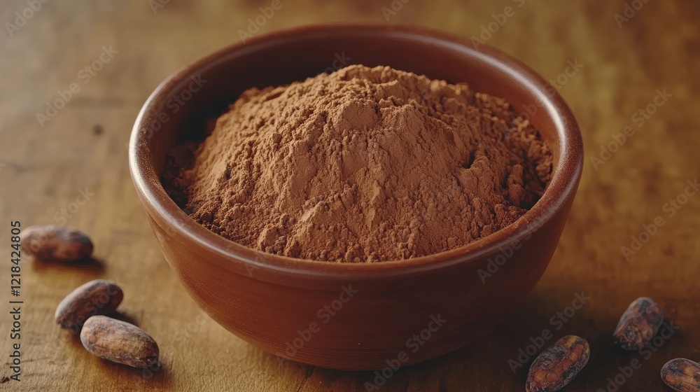 Brown ceramic bowl filled with aromatic cocoa powder, paired with raw cocoa beans scattered around. Brown ceramic bowl filled with aromatic cocoa powder, paired with raw cocoa beans scattered around.