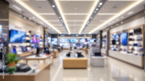 spacious electronics store interior with modern layout and sleek displays, full blurry view, no element in focus, soft lighting, clean design