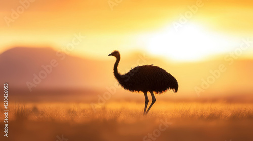 Cross the Australian outback. silhouette of emu walking at sunrise photo