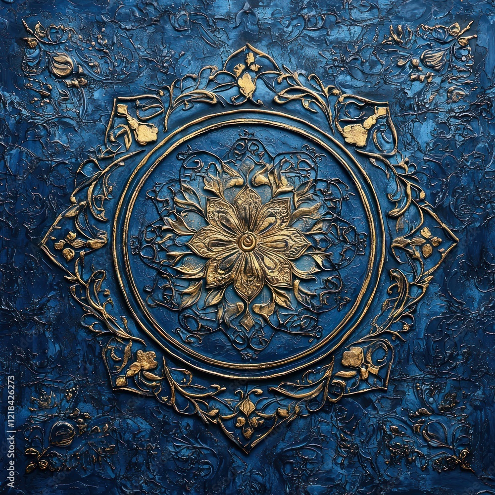 Intricate Gold and Blue Mandala Design on Textured Background Intricate Gold and Blue Mandala Design on Textured Background