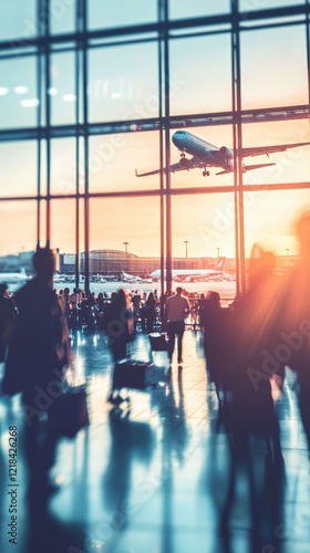 Vibrant airport terminal travelers amidst arrival and departure photo