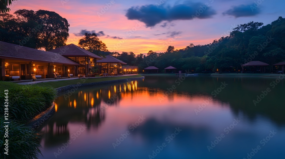Fototapeta premium 93. A stunning tropical sunset reflected on the calm waters at Pavilion Pha Leuang Resort