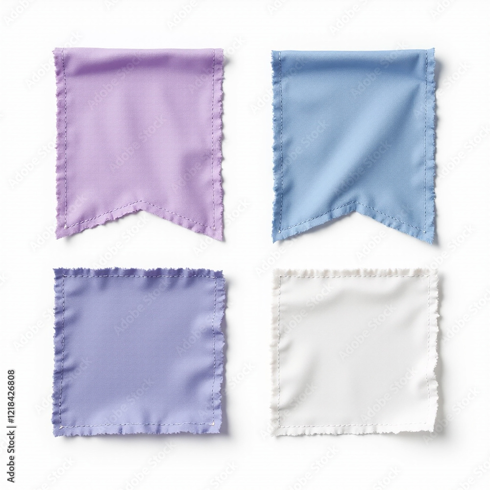 A collection of four fabric swatches featuring a variety of pastel colors, including lavender, light blue, and pristine white, showcasing their textured edges. A collection of four fabric swatches featuring a variety of pastel colors, including lavender, light blue, and pristine white, showcasing their textured edges.
