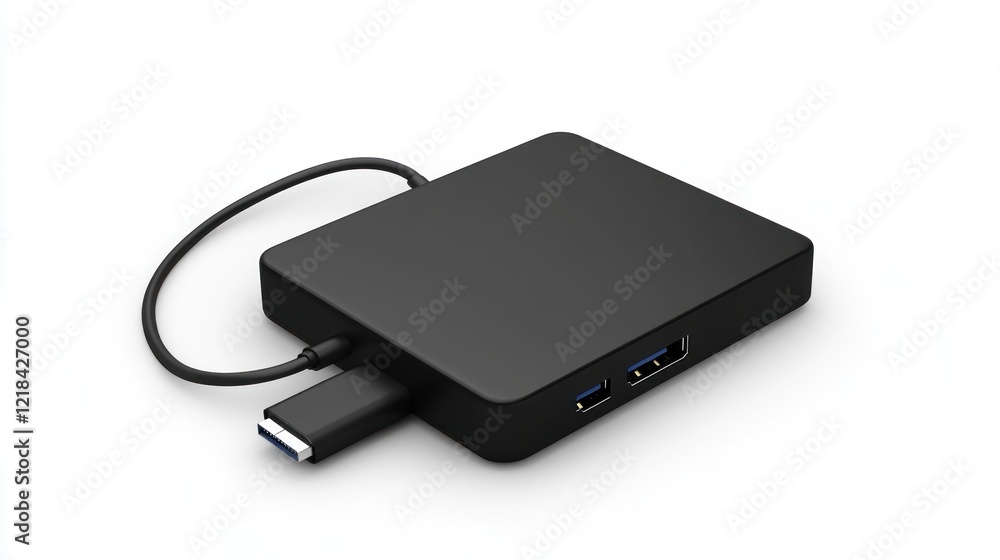 Black USB hub on white background; computer accessory Black USB hub on white background; computer accessory
