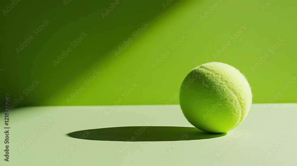 Bright green tennis ball casting a shadow on a similar colored surface in a minimalist setting