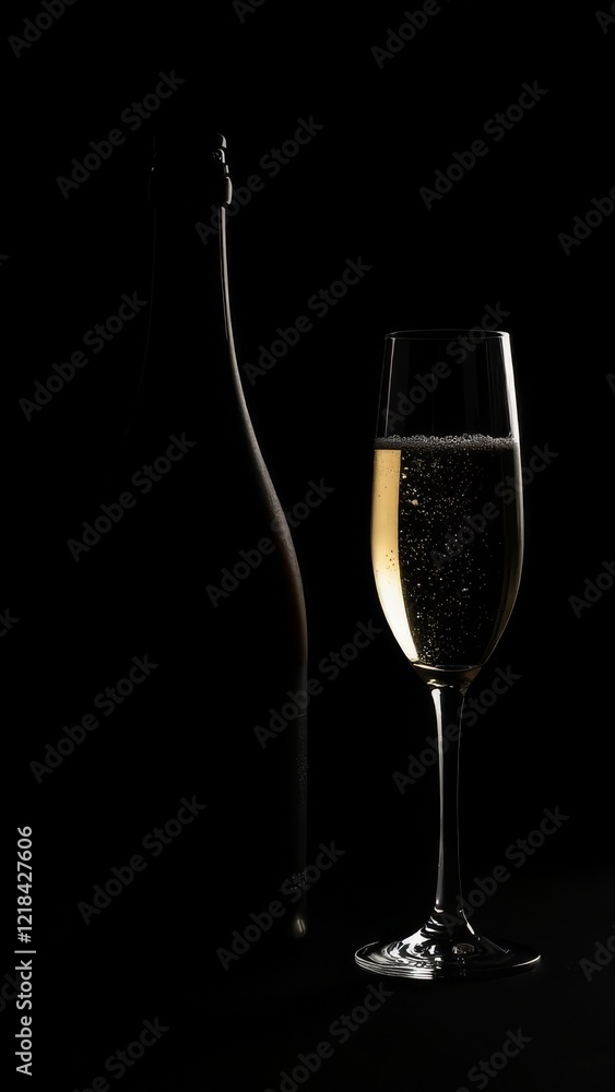Champagne bottle and wine glass with transparent bubbles, black background,low key vertical photo,high-end concept for a luxury holiday, silhouette, close-up shape of the bottle and wine glass Champagne bottle and wine glass with transparent bubbles, black background,low key vertical photo,high-end concept for a luxury holiday, silhouette, close-up shape of the bottle and wine glass