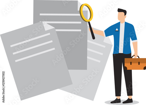 Work efficiency and productivity, manage excessive workload or paperwork, work evaluation to reach business goal, professional businessman checking pile of paperwork with magnifying glass