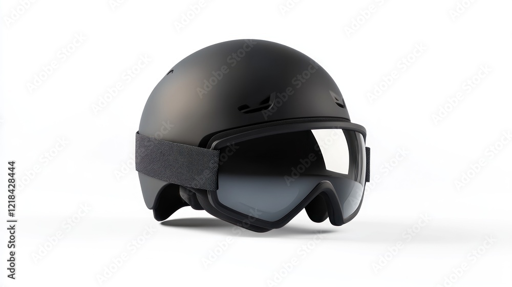 Obraz premium Black ski helmet and goggles on white background; winter sports safety