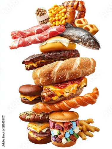 Unhealthy food tower, various processed snacks, isolated white photo