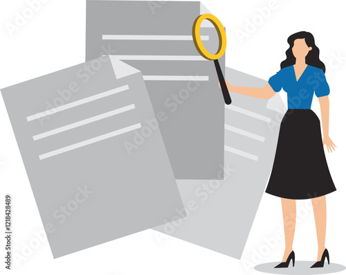 Work efficiency and productivity, manage excessive workload or paperwork, work evaluation to reach business goal, professional businesswoman checking pile of paperwork with magnifying glass