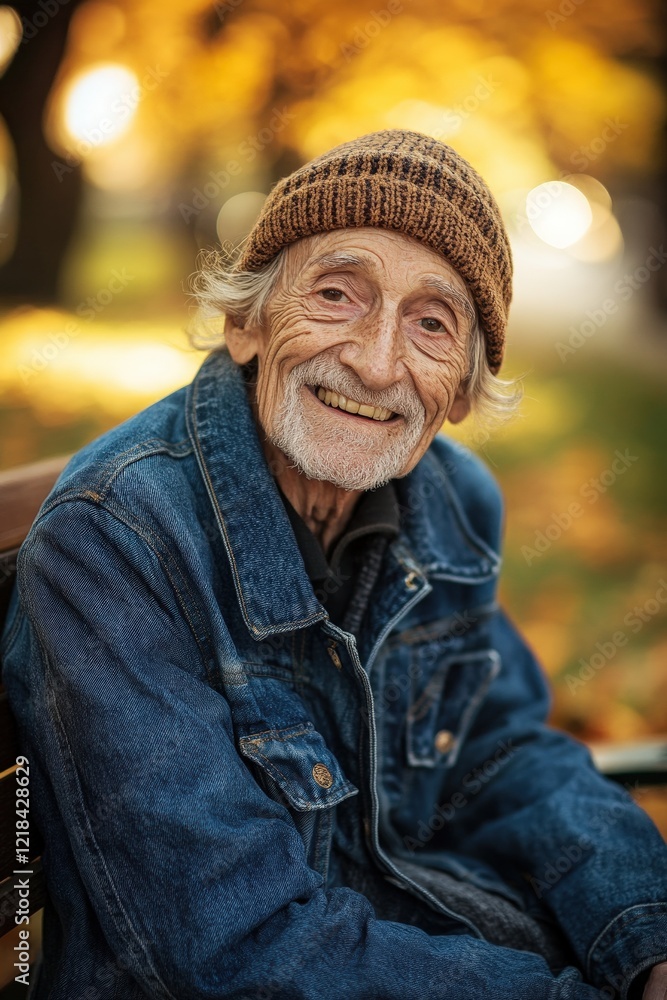 Elderly man smiling on a park bench surrounded by autumn leaves, showcasing joy, warmth, and connection in nature. Relaxation, happiness, and longevity concept. Elderly man smiling on a park bench surrounded by autumn leaves, showcasing joy, warmth, and connection in nature. Relaxation, happiness, and longevity concept.