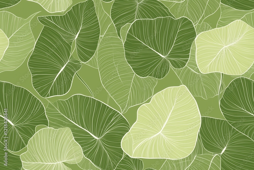 Obraz premium Padrão contínuo (seamless pattern) de folhas estilizadas em tons de verde com linhas delicadas em branco, criado com IA generativa.