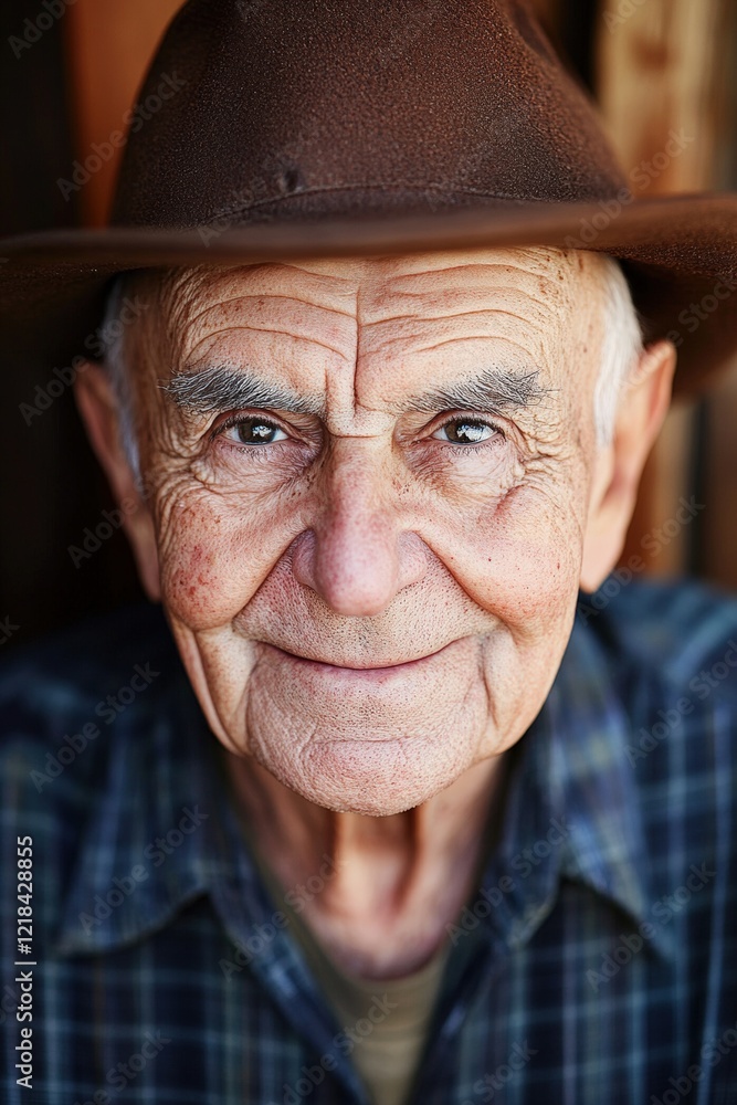 Elderly man with a warm smile wearing a brown hat, showcasing wisdom and experience in a rustic outdoor setting. Portrait of joy, aging, and character. Elderly man with a warm smile wearing a brown hat, showcasing wisdom and experience in a rustic outdoor setting. Portrait of joy, aging, and character.