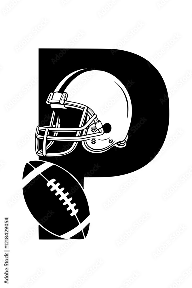 Football helmet and ball with letter P, Black and white illustration featuring the letter P with a football helmet and ball, symbolizing sports, teamwork, and athletic pride.  
  
