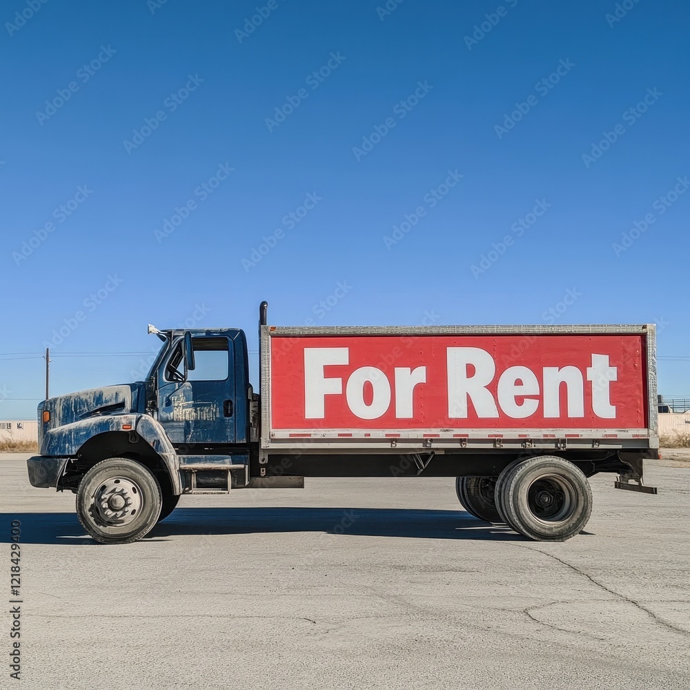 Flatbed Truck for Rent Urban Setting Vehicle Bright Colors Side Transportation Concept Flatbed Truck for Rent Urban Setting Vehicle Bright Colors Side Transportation Concept