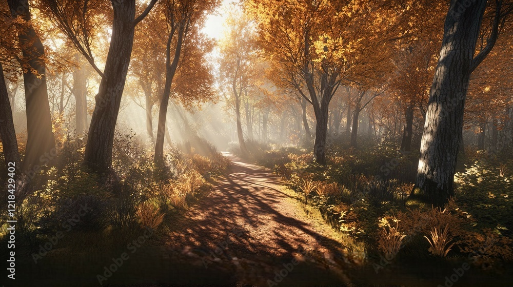 A narrow path cuts through a dense forest ablaze with golden autumn hues, with sunlight filtering through the trees, casting long, dappled shadows across the ground A narrow path cuts through a dense forest ablaze with golden autumn hues, with sunlight filtering through the trees, casting long, dappled shadows across the ground