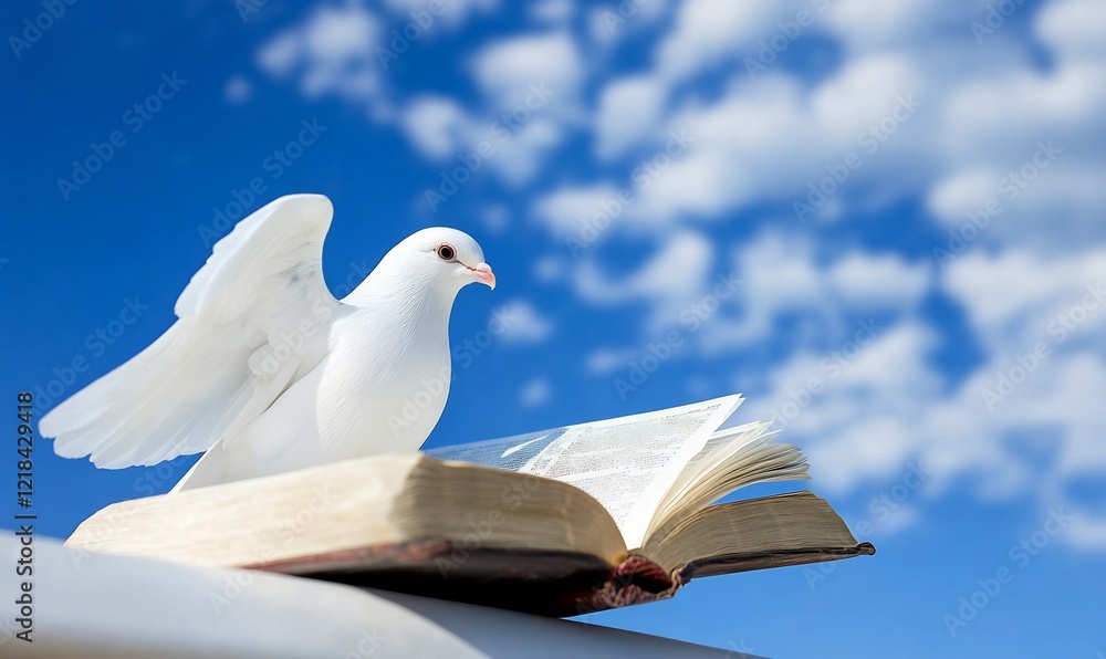White dove on bible, blue sky background; peace, hope concept White dove on bible, blue sky background; peace, hope concept