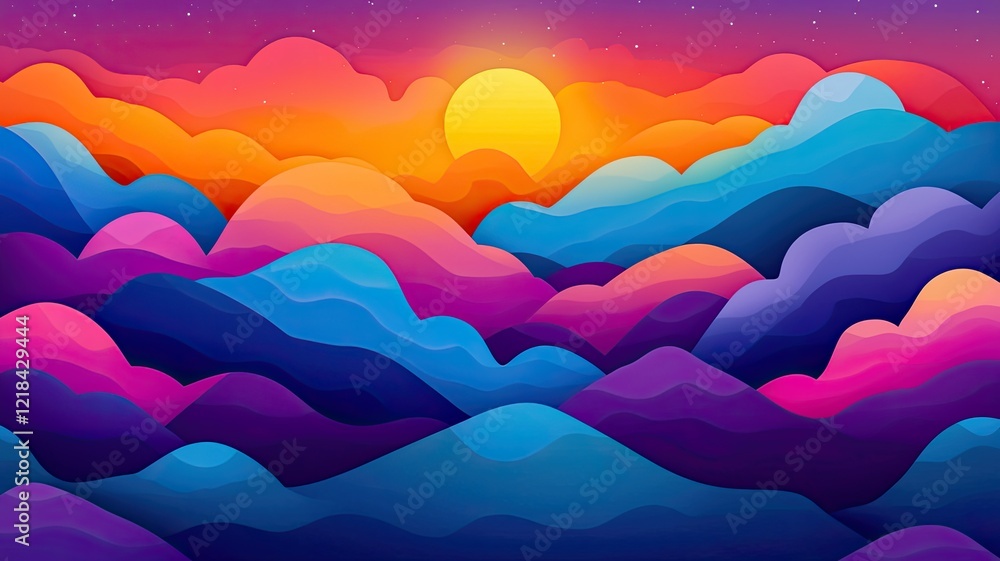Fototapeta premium A vibrant sunset over colorful, layered mountains, showcasing a gradient of purples, pinks, and oranges against a starry sky.