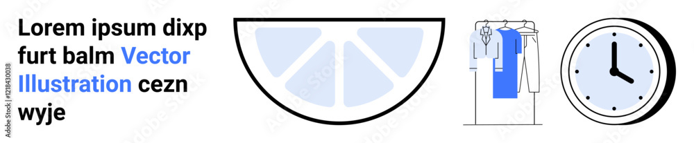 Lemon slice, clothing on rack, and clock icons with text elements. Ideal for lifestyle, time management, fashion, food, schedules punctuality visual elements. Landing page Lemon slice, clothing on rack, and clock icons with text elements. Ideal for lifestyle, time management, fashion, food, schedules punctuality visual elements. Landing page