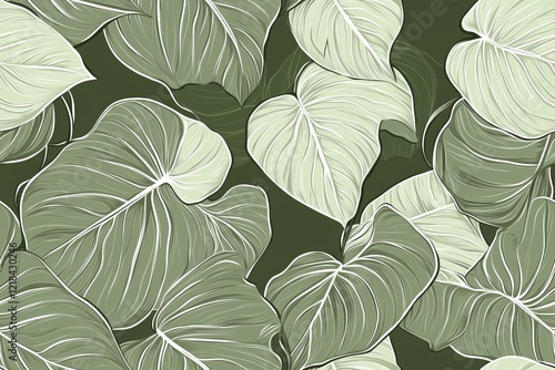 Padrão contínuo (seamless pattern) de folhas estilizadas em tons de verde com linhas delicadas em branco, criado com IA generativa.
 photo