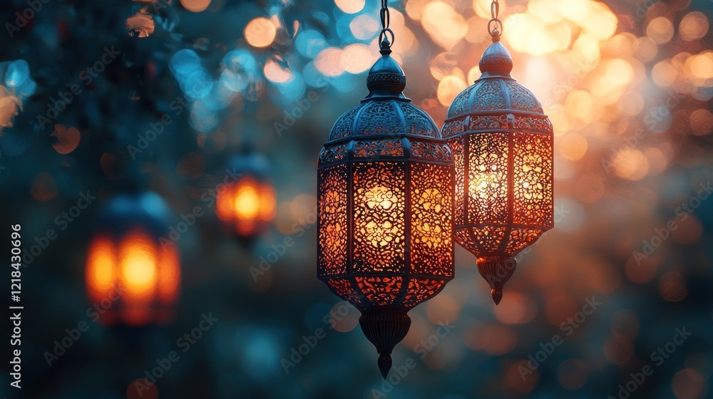 Intricately Carved Metal Lanterns Glow Warmly Against a Dark Background Intricately Carved Metal Lanterns Glow Warmly Against a Dark Background