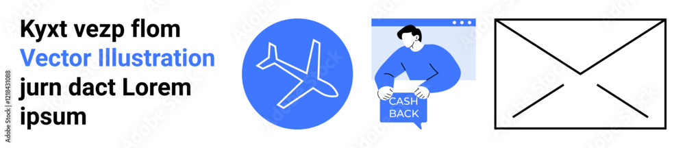 Airplane symbol in blue circle, person holding cashback sign, and simple envelope outline. Ideal for travel, business offers, advertising, promotions, online services, email marketing, landing page Airplane symbol in blue circle, person holding cashback sign, and simple envelope outline. Ideal for travel, business offers, advertising, promotions, online services, email marketing, landing page
