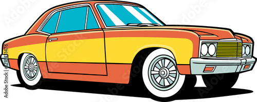 yellow and orange old model car hand drawn vector vintage image with transparent background