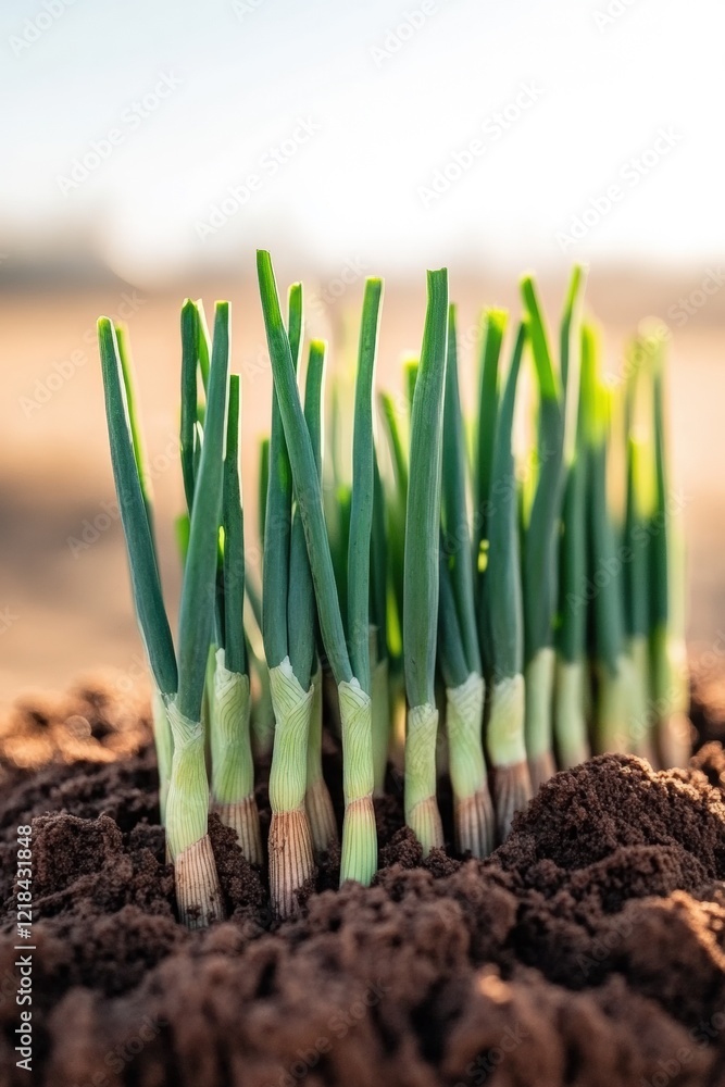 Freshly sprouted green onions emerging from rich soil in a sunny garden, representing growth, agriculture, organic farming, and healthy lifestyle choices. Freshly sprouted green onions emerging from rich soil in a sunny garden, representing growth, agriculture, organic farming, and healthy lifestyle choices.