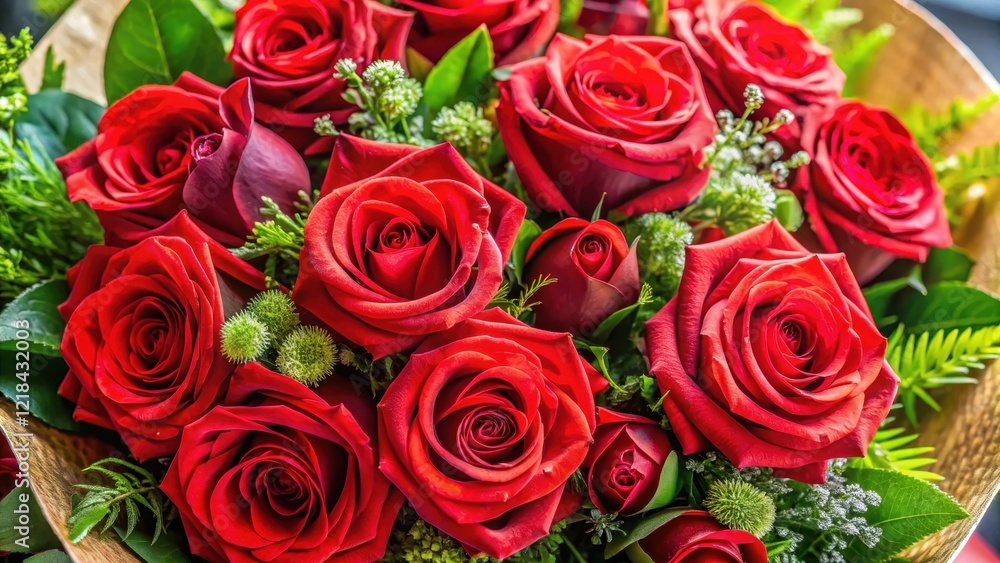 Obraz premium A beautiful bouquet of fresh red roses with greenery and floral wrap , red, floral design, red, floral design, roses