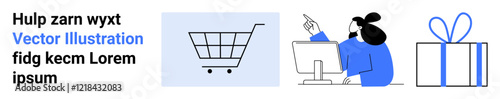 Shopping cart icon, person interacting with computer, and a gift box with bow. Ideal for online shopping, e-commerce, web design, marketing, customer service user interface retail. Landing page