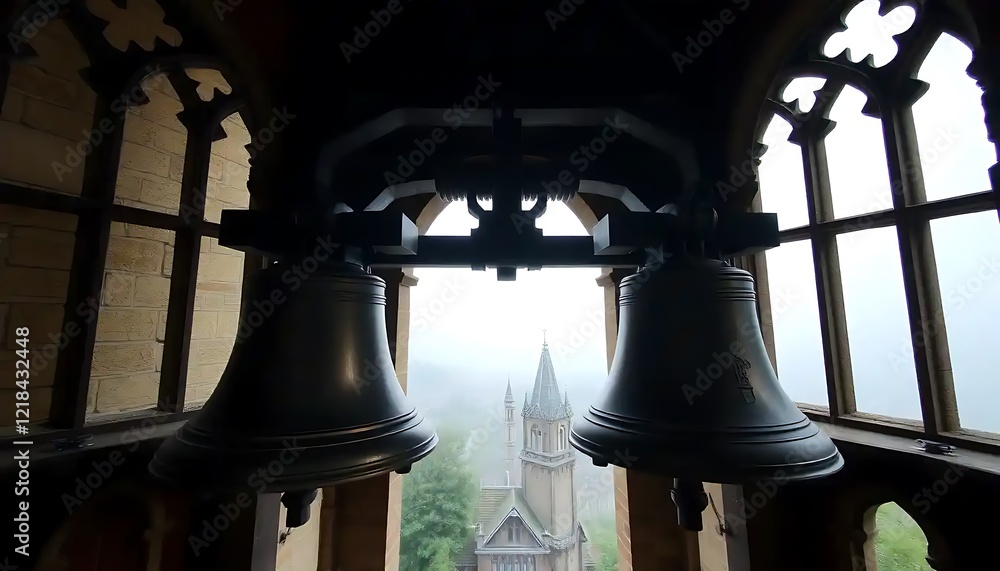 Obraz premium Two Large Bells in a Gothic Tower Overlooking a Church