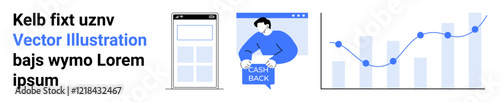 Man holding cash back sign, web page layout, rising graph. Ideal for financial services, marketing strategies, web design, e-commerce, data analytics, user engagement, business growth. Landing page