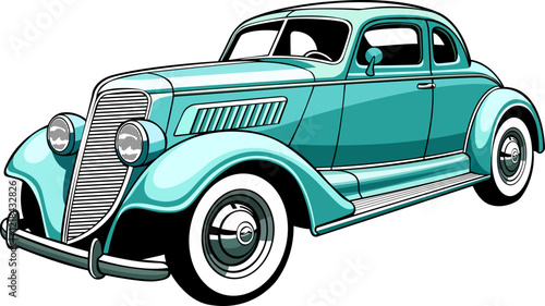 blue colour old model luxury car hand drawn vector vintage image with transparent background