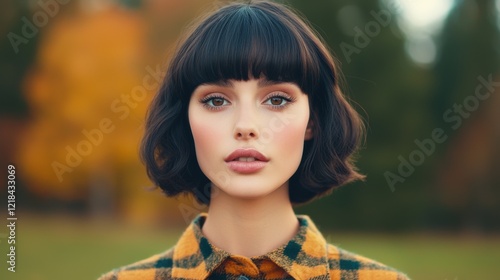 Hairstyle cut casual concept. Woman with Soft Curtain Bangs and Loose Waves Wearing Plaid Outfit in Autumn Setting