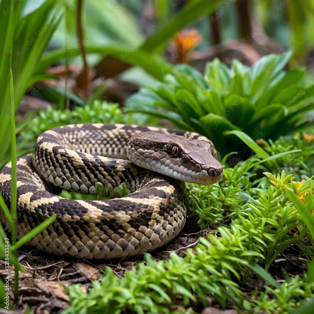 Snake Slithering Over Rainforest Floor Amidst Ferns and Leaves Snake Slithering Over Rainforest Floor Amidst Ferns and Leaves