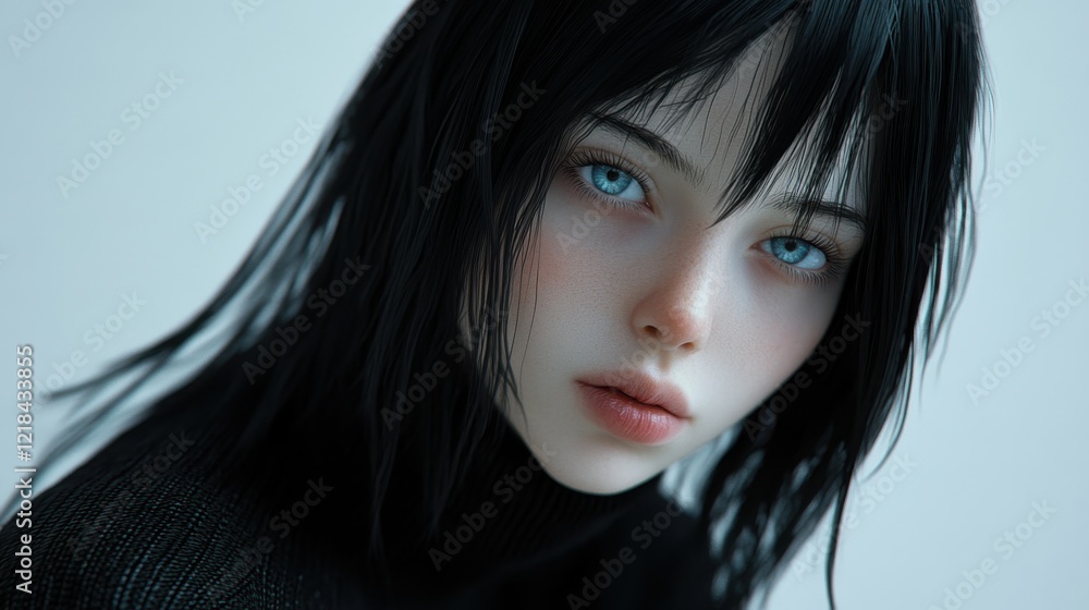 Realistic 3D Portrait of a Young Woman with Dark Hair and Striking Blue Eyes Realistic 3D Portrait of a Young Woman with Dark Hair and Striking Blue Eyes
